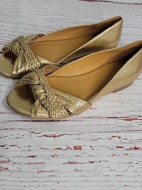 Sezane Gold Twisted Peep-Toe Women's Leather Flats Size 37